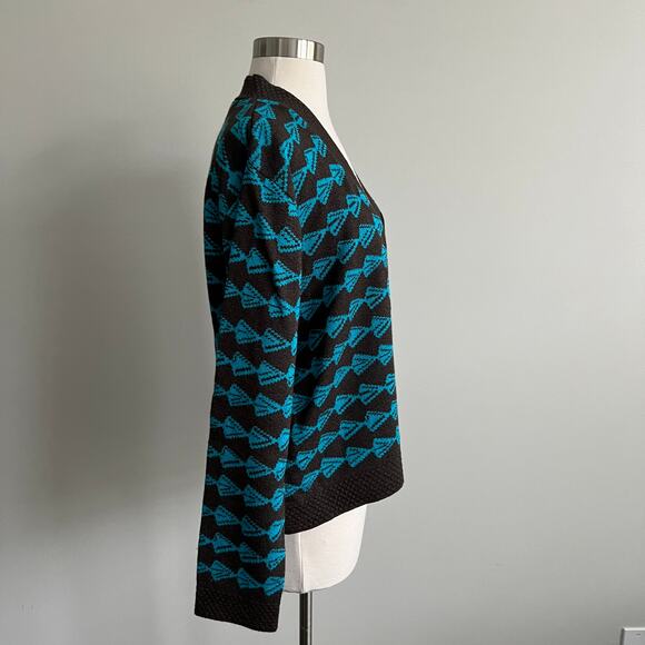San Remo Knits Open Sweater Cardigan Charcoal Grey Blue Geo Large - Picture 3 of 9